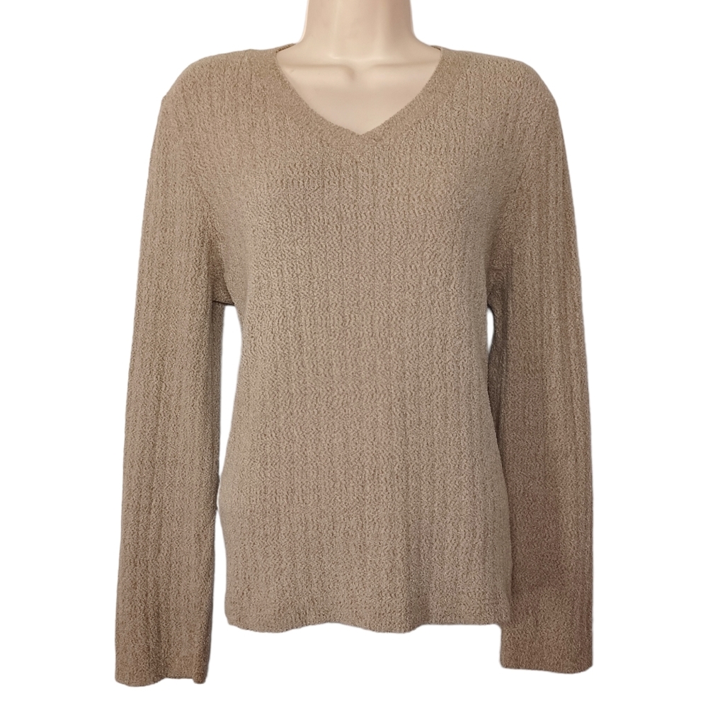 CROFT & BARROW Tan Fuzzy Long Sleeve V-Neck Stretchy Sweater Top Large